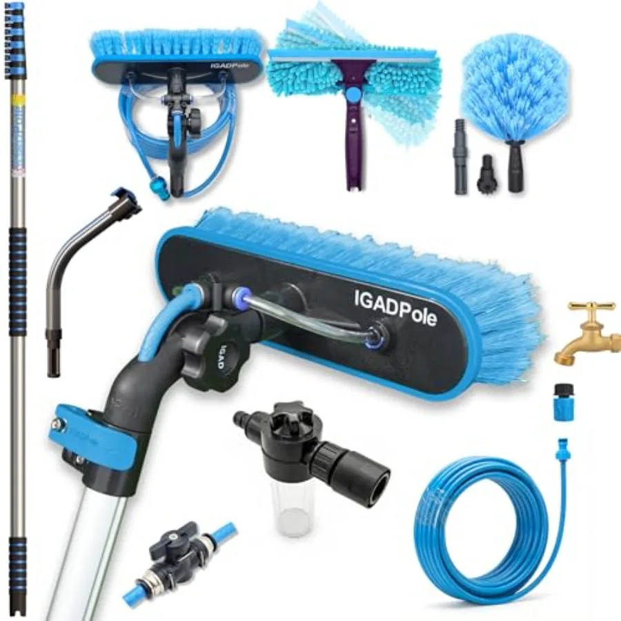 

Water-Fed Washing Kit with Soap-Dispenser, Brush, 10″ Squeegee and Cobweb Duster for Windows, Gutters, Solar Panels and Exterio