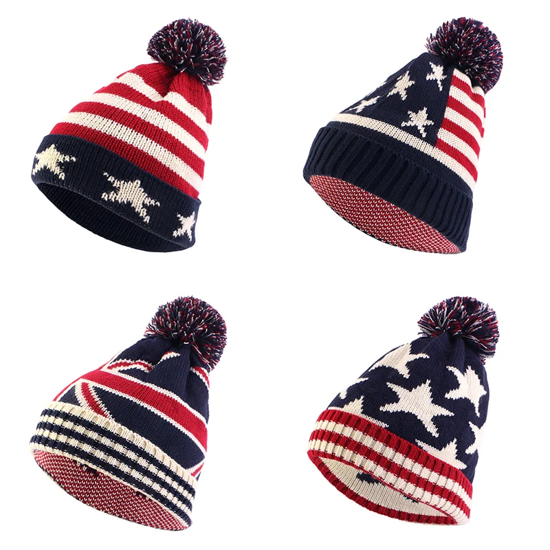 Winter Knitted Wool Cap British American Flag Hat Ear Warmer Cap Crochet Knit Cap Unisex Skullies Beanies Warm Outdoor Ski Caps