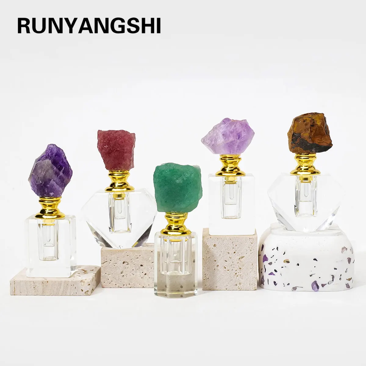 1PC Natural Amethyst Crystal Cluster Healing Stone Essential Oil Bottle Empty Refillable Perfume Dropper for Aromatherapy