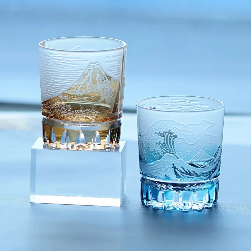 Hand Engraved Color Embossed Mount Fuji Glass Luxury Artwork Glassware Premium Whisky Vodka Bourbon Rock Glass Tumbler 240ml