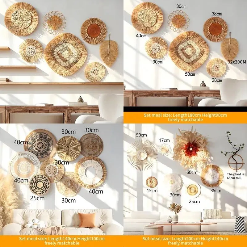 Modern Bohemian Hand Woven Raffia Rattan Seaweed Wall Hanging Creative Art Home Decoration