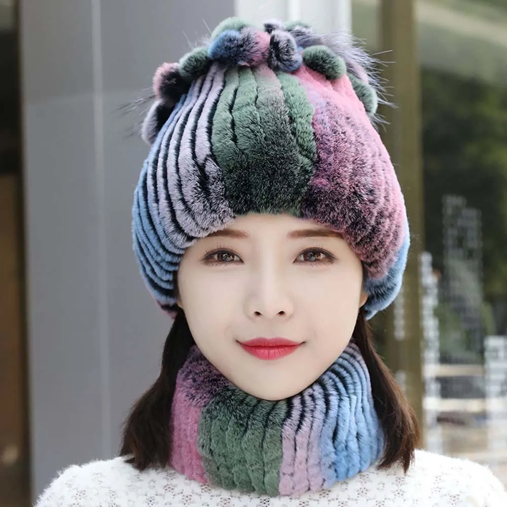 2025 100% حقيقية ريكس الأرنب الفراء القبعات طقم أربطة عنق سيدة الدافئة محبوك الشتاء الفراء الحقيقي قبعة الدافئة ريكس الأرنب 2 قطعة قبعات الفراء وشاح #1