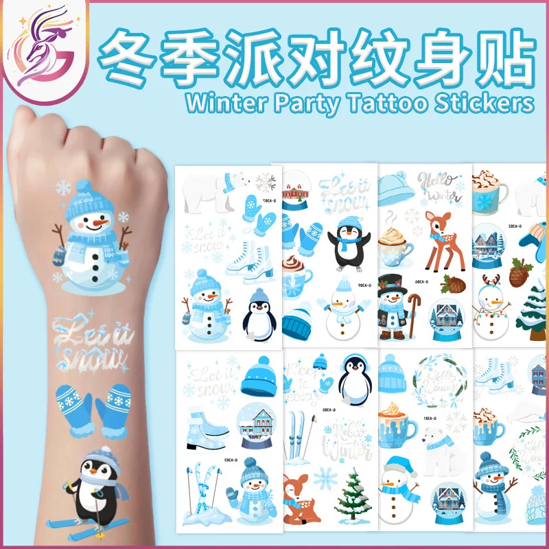 

Winter Party Tattoo Sticker Blue Series Penguin Snowman Christmas Tree Temporary Tattoo Sticker for Party Dress Up