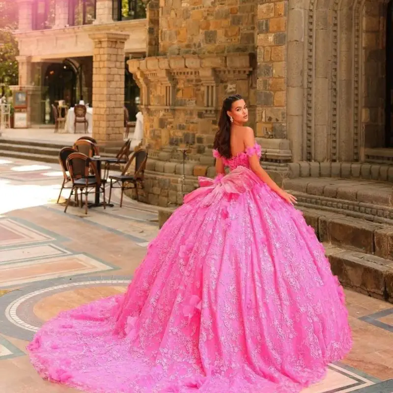 Luxurious 3D Pink Flower Applique Quinceanera Dress Charming Lace Party Dress Shiny 3D Flower Party Gown 16 Customized