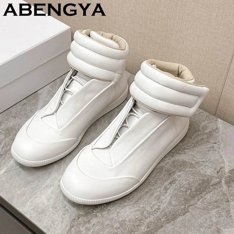 2026 Spring High Top Genuine Leather Casual Sneakers Couple Shoes Round Toe Walking Trainers Shoes Women Fashion Flat Shoes Men