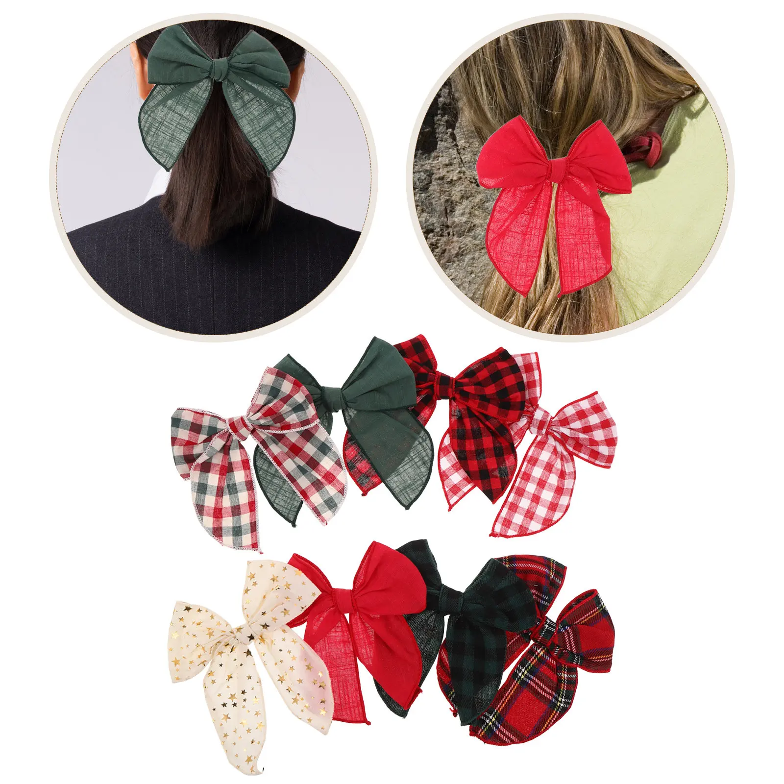

8Pcs Christmas Hair Barrettes Bow Style Festive Plaid Cloth Metal Hair Clips Girls Holiday Party Celebration Everyday Wear