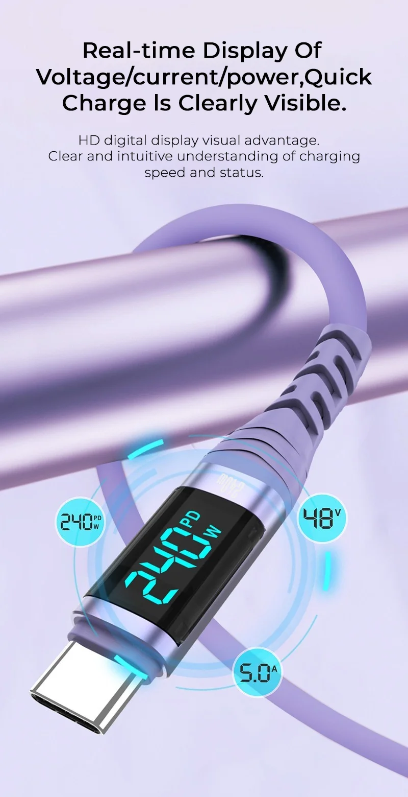 NNBILI 240 W Schnelllade-Datenkabel PD3.1 Digitalanzeige USB C auf Typ C-Kabel für iPhone 15 16 Samsung Xiaomi Typ C-Kabel – Detail 5