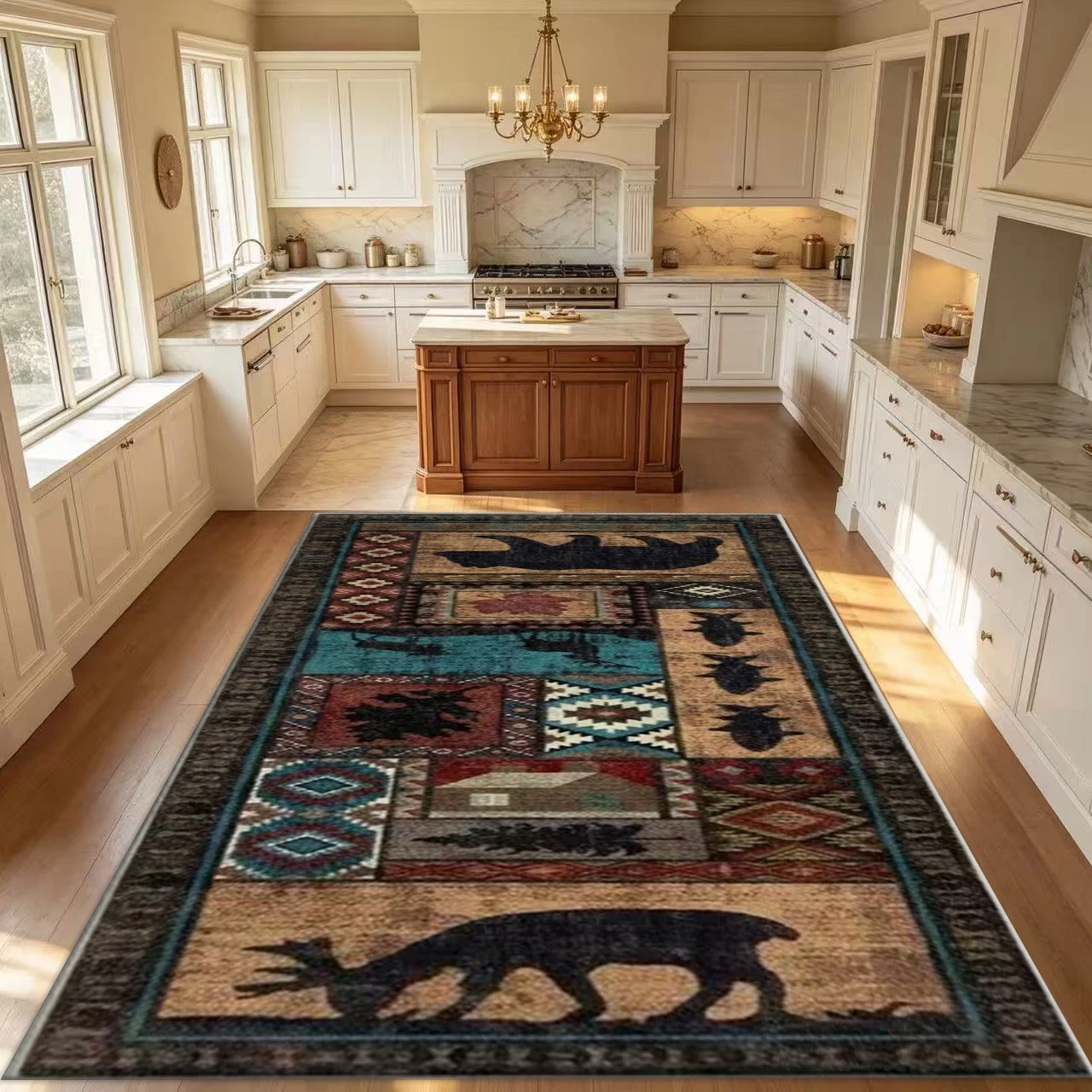 Rustic Wildlife Patchwork Runner Rug Bear Deer Fish Pattern Long Floor Carpet for Hallway Entryway Home Decoration
