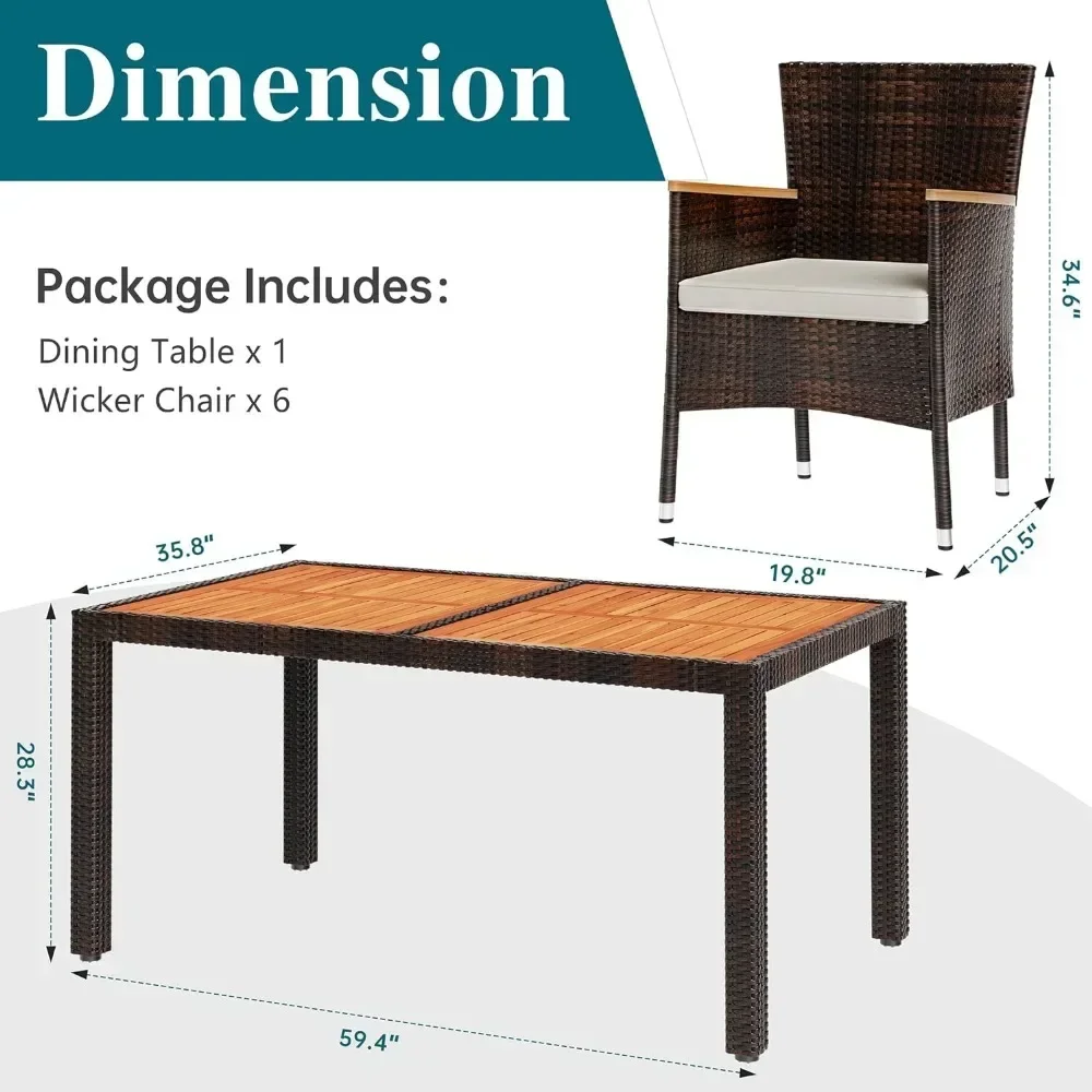 Conjunto de jantar de pátio de 7 peças, conjunto de conversa de vime com tampo de mesa de madeira, mesa e cadeiras ao ar livre