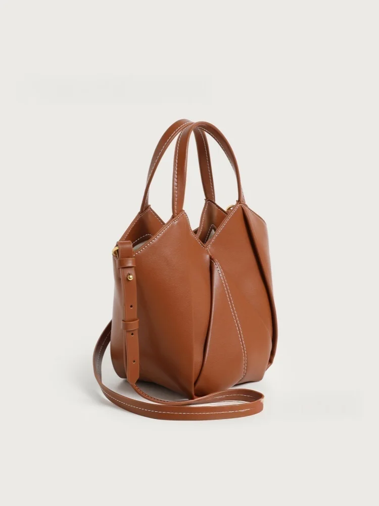 Thread Decoration Bucket Bag Women's Urban Commuting Bag Leather Splicing Tote Bag Small Single Shoulder Crossbody Bag
