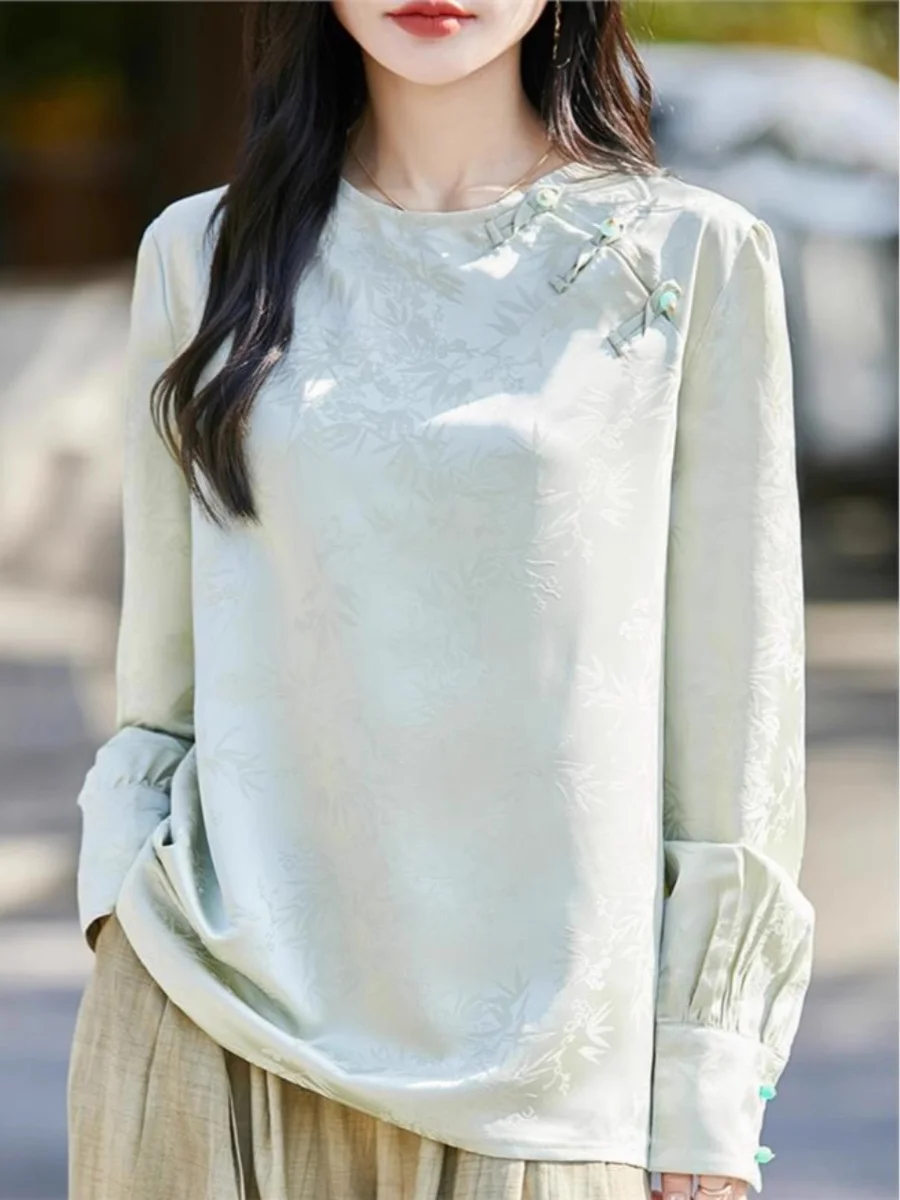 

Spring New Sle round Ne Embroidered irt Women's New Chinese Sle Ele Top Silk Satin Button Base irt Women