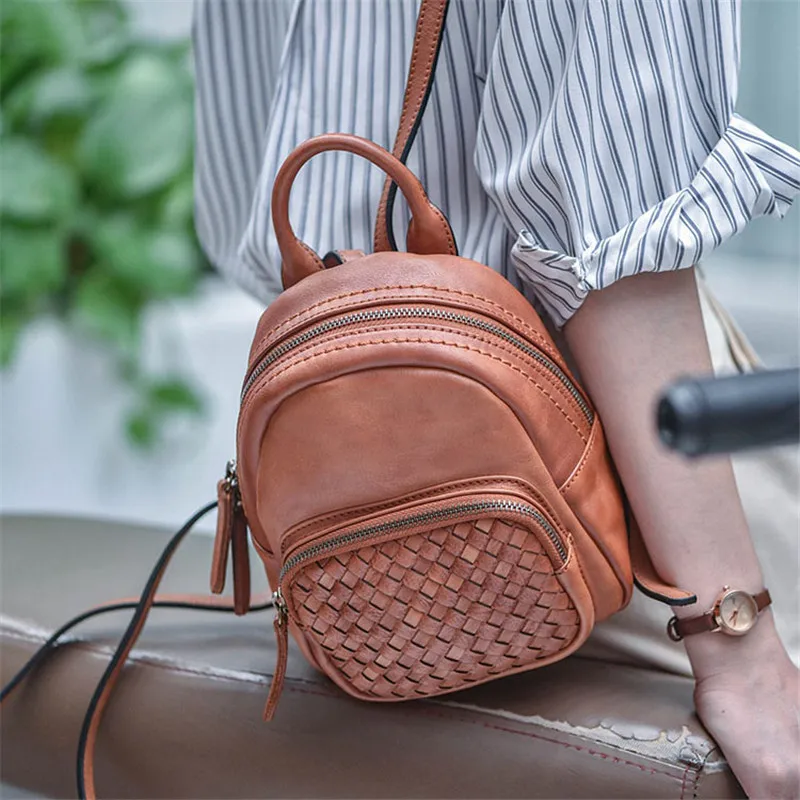 

Vintage designer luxury genuine leather woven ladies small backpack organizer weekend outdoor real cowhide cute school bag