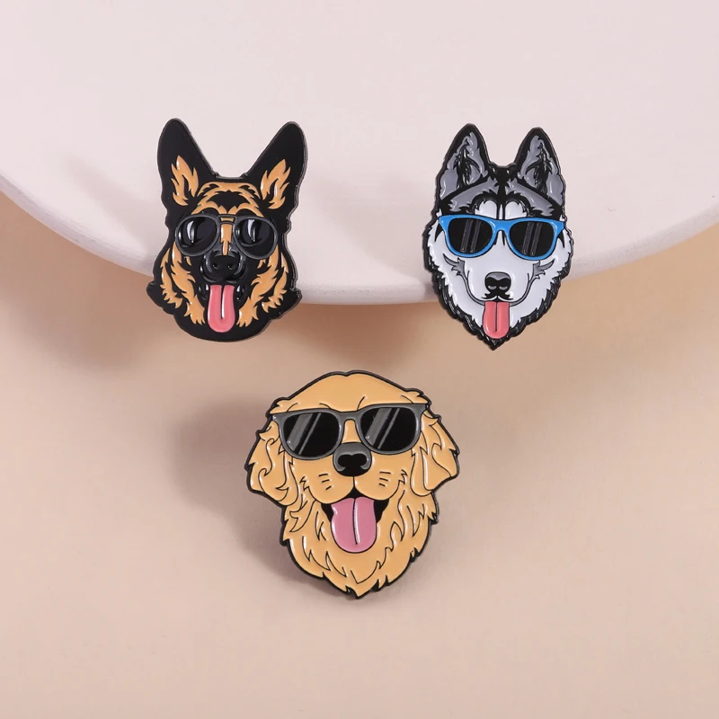 Cute Golden Retriever with Sunglasses Enamel Pins Cartoon Dogs Pet Animal Siberian Husky German Shepherds Badge Jewelry Gifts