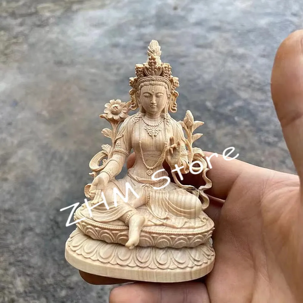 

10.8*7.3*5.3cm Handmade Buddhist Boxwod Green/White Tara Buddha Carving Collect Wealth Hand Pieces Mascot Decorate Crafts