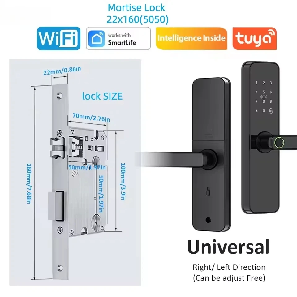 Tuya Smart Door Lock Wifi Electronic with Biometric Fingerprint/IC Card/Password/Key Unlock/Remote Control/USB Emergency Charge