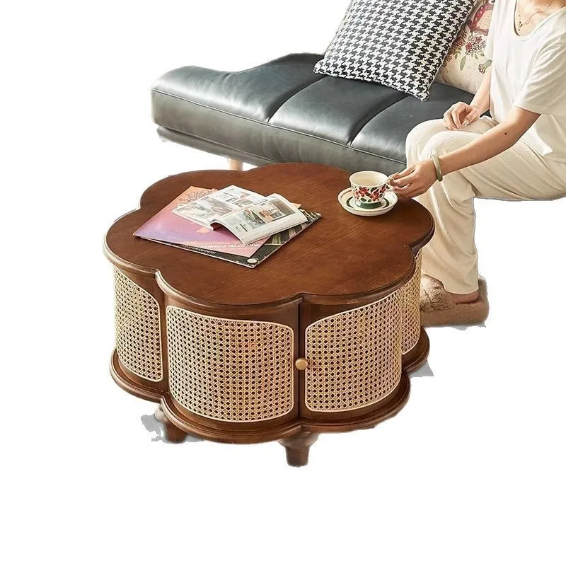 

New living room round flower coffee table solid wood retro rattan small apartment home Nordic antique ash wood simple