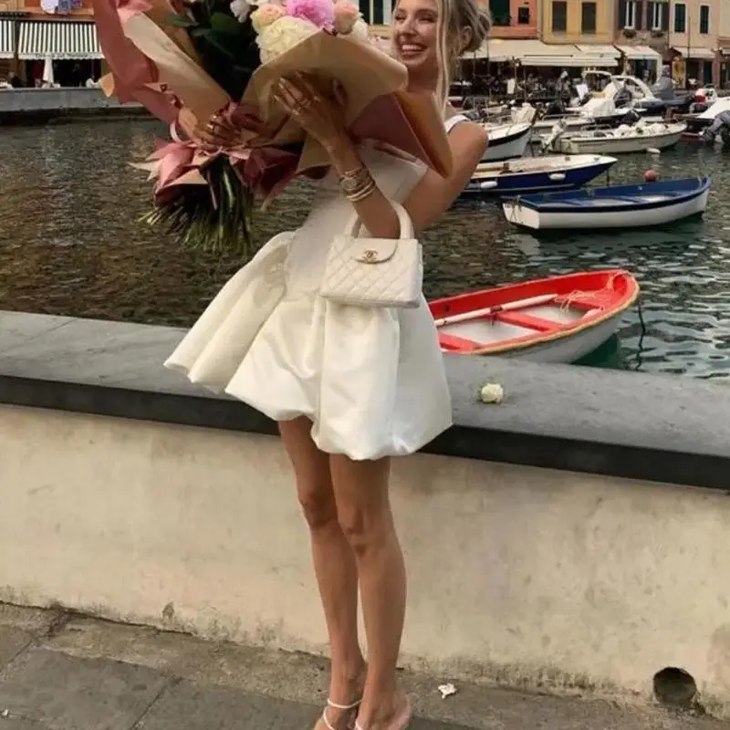 فستان جديد للنساء بتصميم خريف وشتاء، ياقة مربعة، خصر مخصر، قصير بدون أكمام، تنورة على شكل A عالية الخصر.