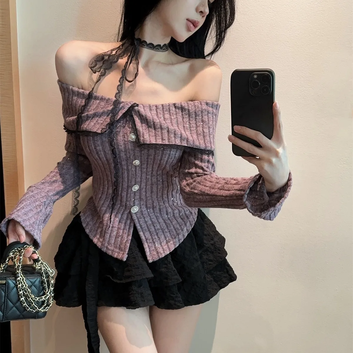 

Pure Desire кружевной комплект на одно плечо Netie iny вязаный топ и юбка для женщин шикарный зимний комплект Long Sve
