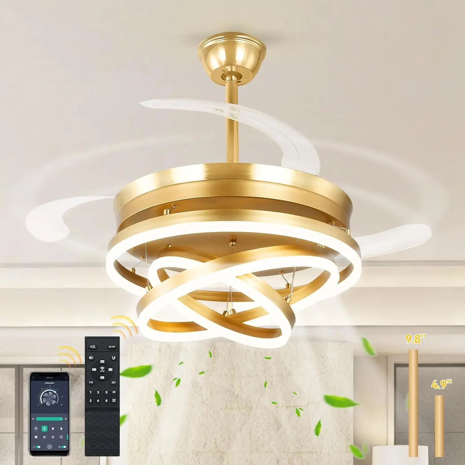 

42" Retractable Ceiling Fan with Lights, 6-Speed Silent DC Motor, Dimmable LED, Remote Control for Bedroom Living Room