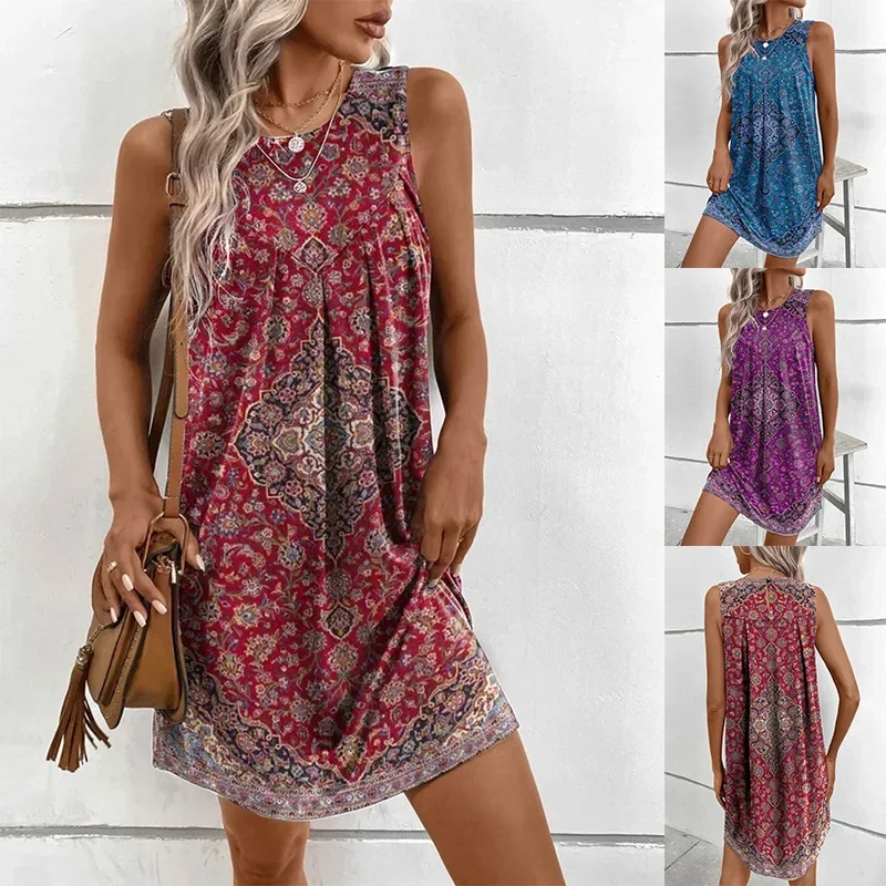 Spring and Summer 2024 Women Sexy Sleeveless Printing National Style Fashion New Dress Button Round Neck Casual Elegant