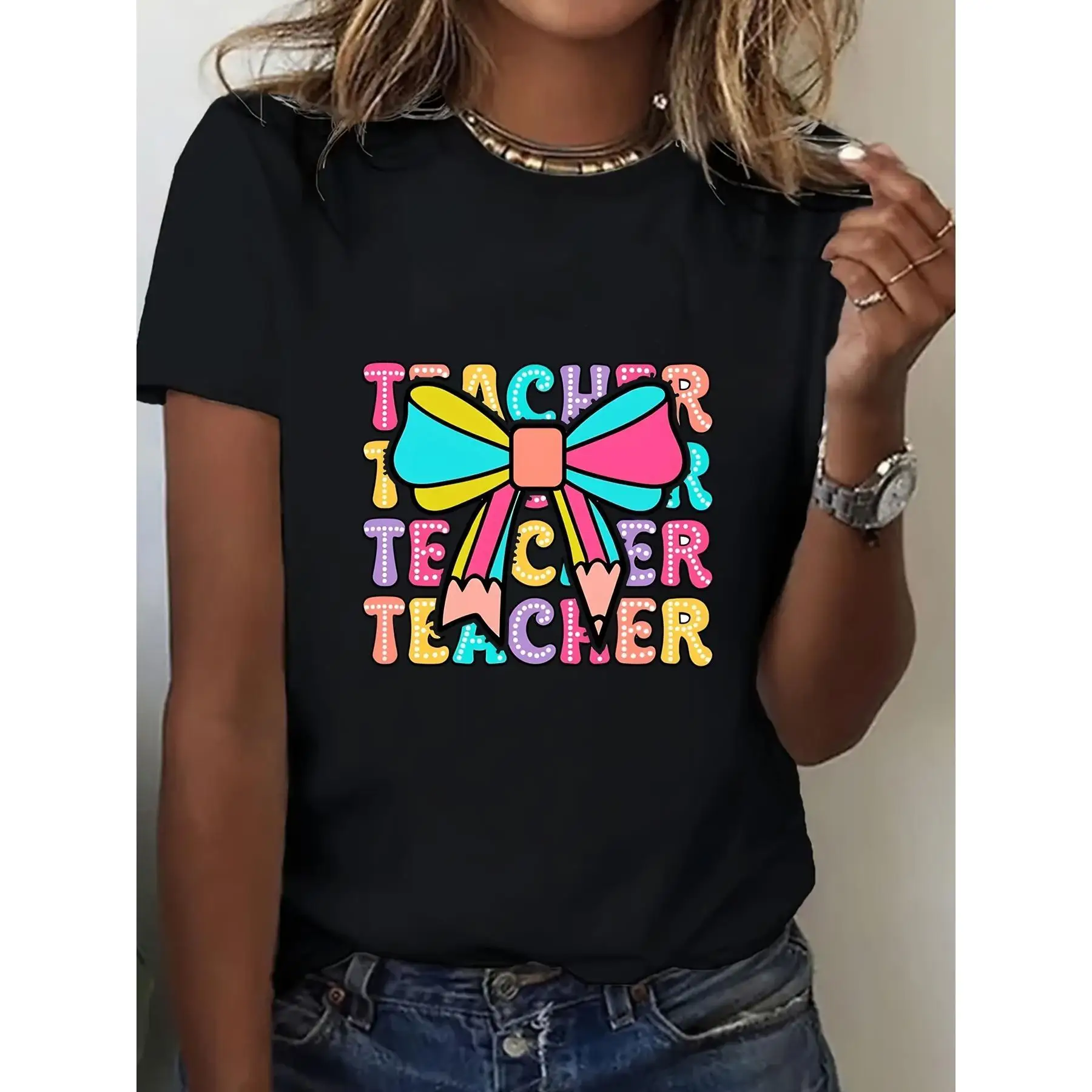 

Women's Teacher Appreciation T-Shirt - Casual Round Neck Short Sleeve Top with Graphic Design, Perfect Gift for Teachers