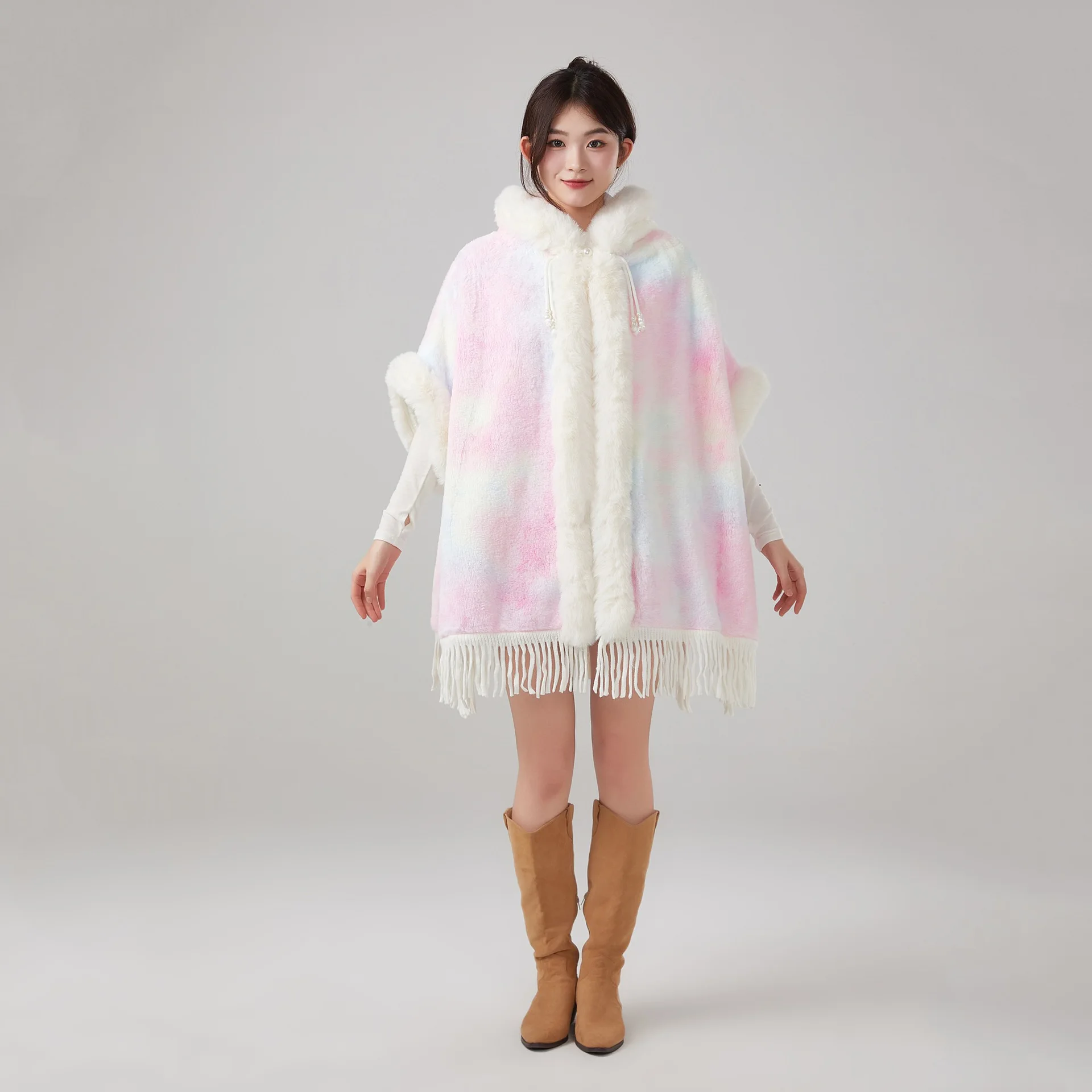 Poncho New Arrival Faux Fur Trimmed Tassel Wraparound Hooded Imitate Wool Blazer Lining Women  Style Fashion Cloak