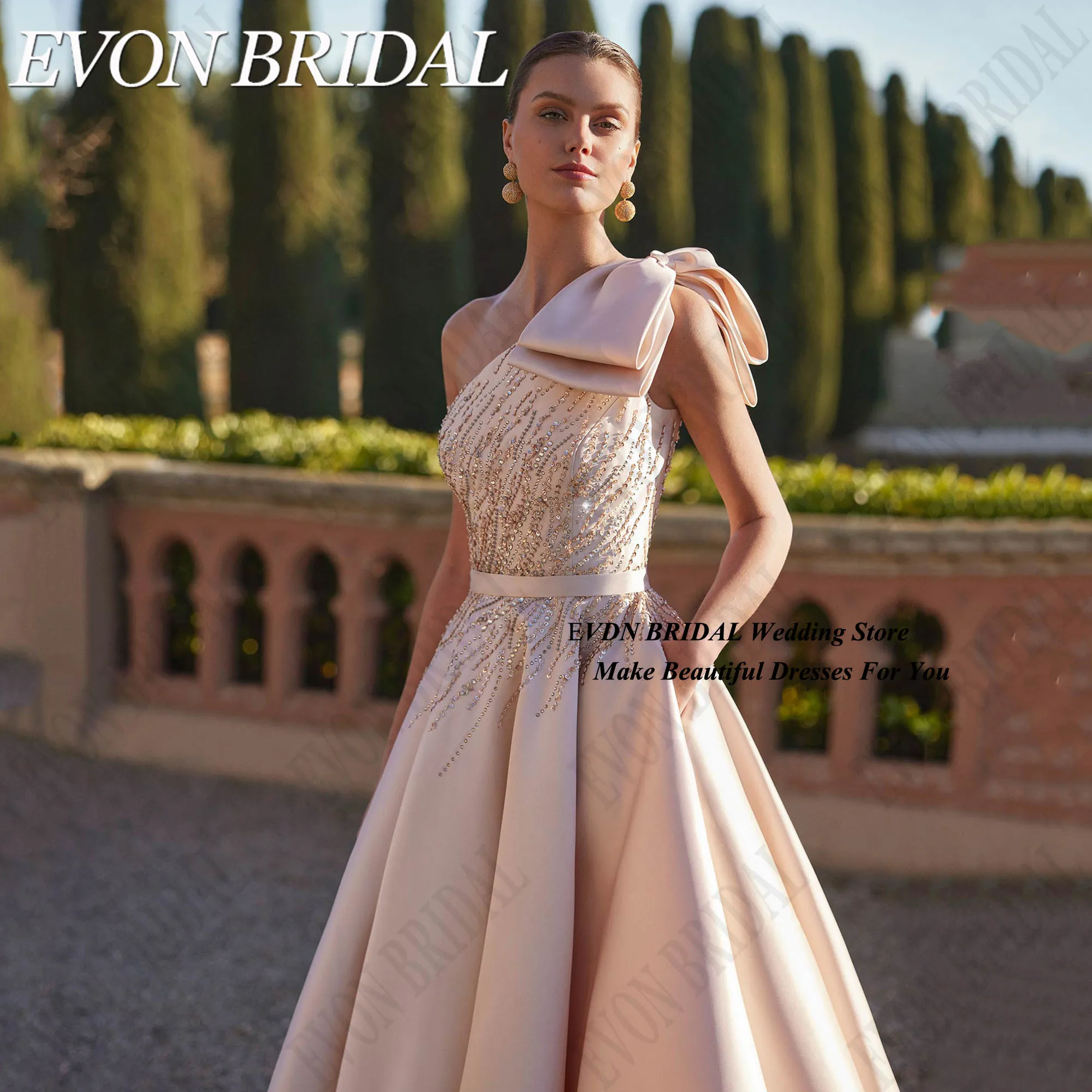 

EVON BRIDAL One Shoulder Beading Evening Dress Women With Bow Sleeveless A-Line Satin Prom Gown Backless فساتين سهرة Customized