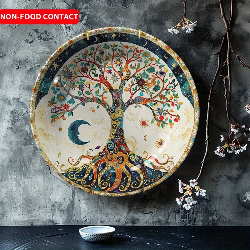 1pc pintado à mão lua árvore cerâmica arte de parede-placa decorativa estilo nórdico com cores vibrantes, design de árvore intrincado e