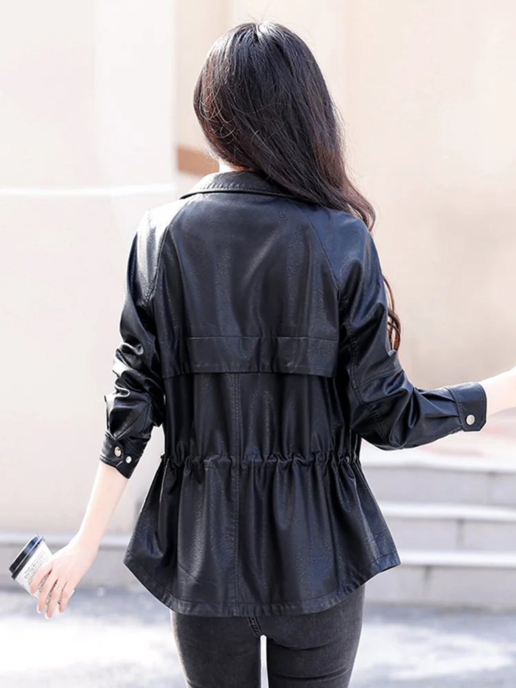 Women Leather Jacket Spring Autumn Casual Fashion Turn-down Collar Drawstring Waist Sheep Leather Coat Slim Moto & Biker Jacket