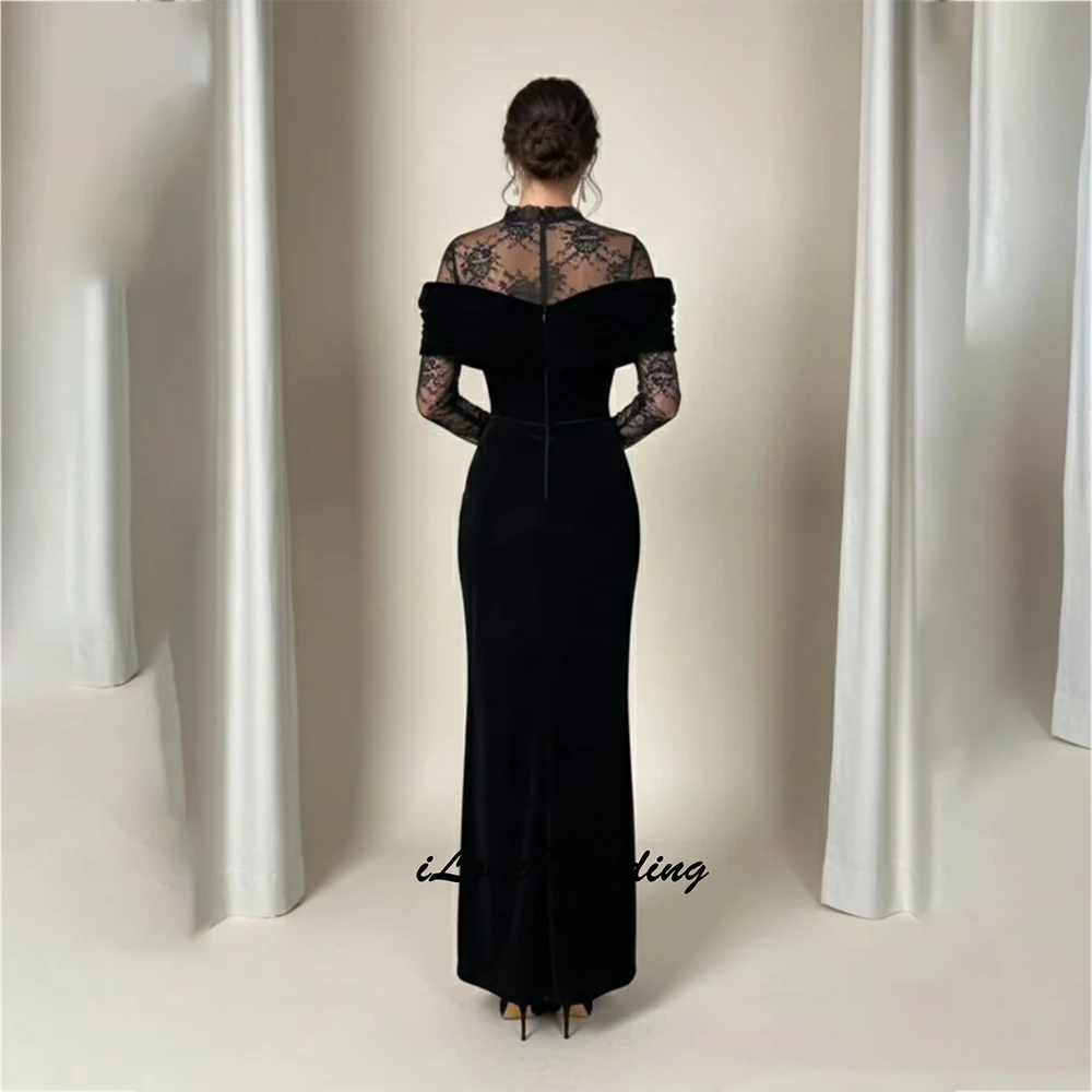 Attractive Black Women's Evening Dresses High Collar Long Sleeve Lace Stickers Princess Formal Prom Gowns 2025 Customized