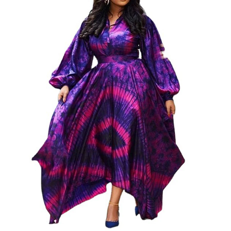 Purple Elegant Dresses For Women High Waist Loose Print 2022  Spring Plus Size Long Dress Evening Vintage Puff Sleeve Wholesale