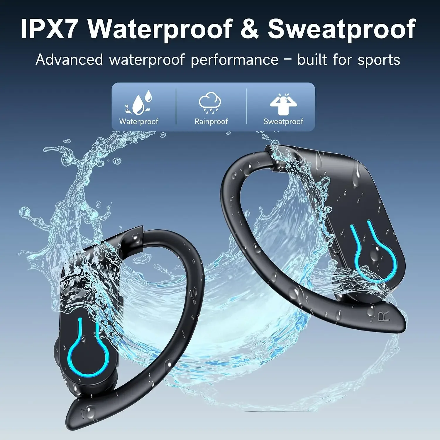 Sports Bluetooth Earphones IPX7 Waterproof Wireless Headphones 60hrs Music with Mic LED Power Display Soft Earhook TWS Earbuds
