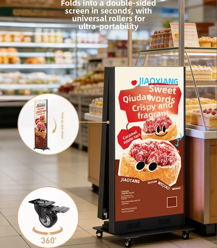 Portable Foldable 4K 16:9 Full Screen LED Digital Signage IP33 Mobile Indoor Outdoor Electronic Poster Screen Mall Display
