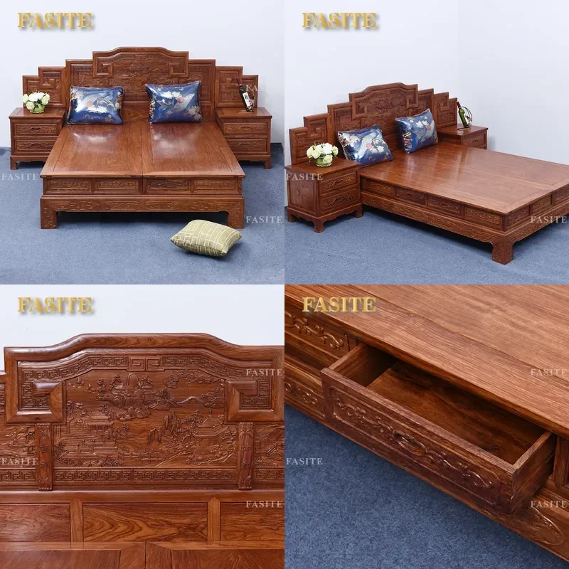 For Solid Wood Double Bed Rosewood Mahogany High Low Hedgehog Red Sandalwood Master Bedroom Simple Sofa Bed Furniture