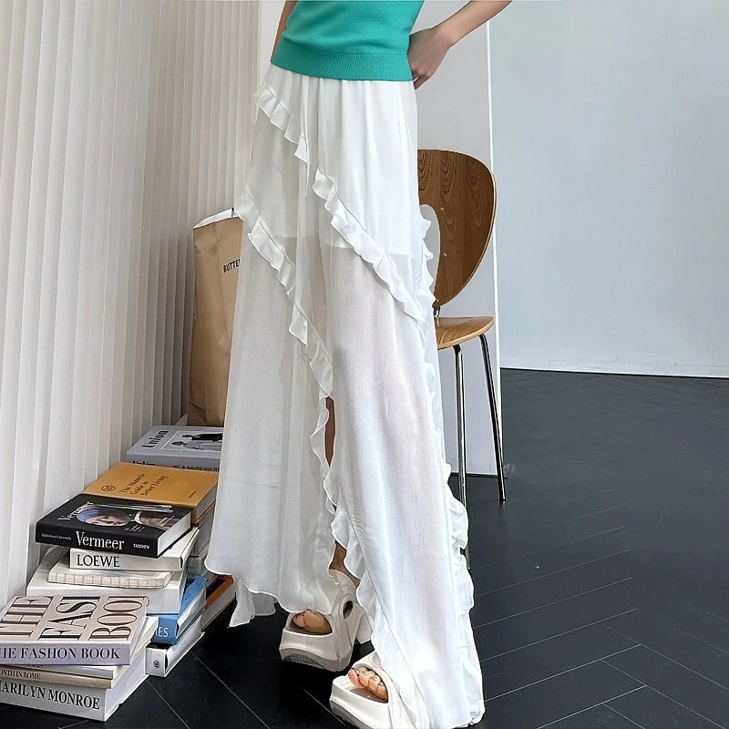 

Women's Mesh Skirt 2025 Asymmetrical Weekend Trendy Korean Bodycon Skirt Summer Spring Chiffon Ruffle Flowy Midi Skirts