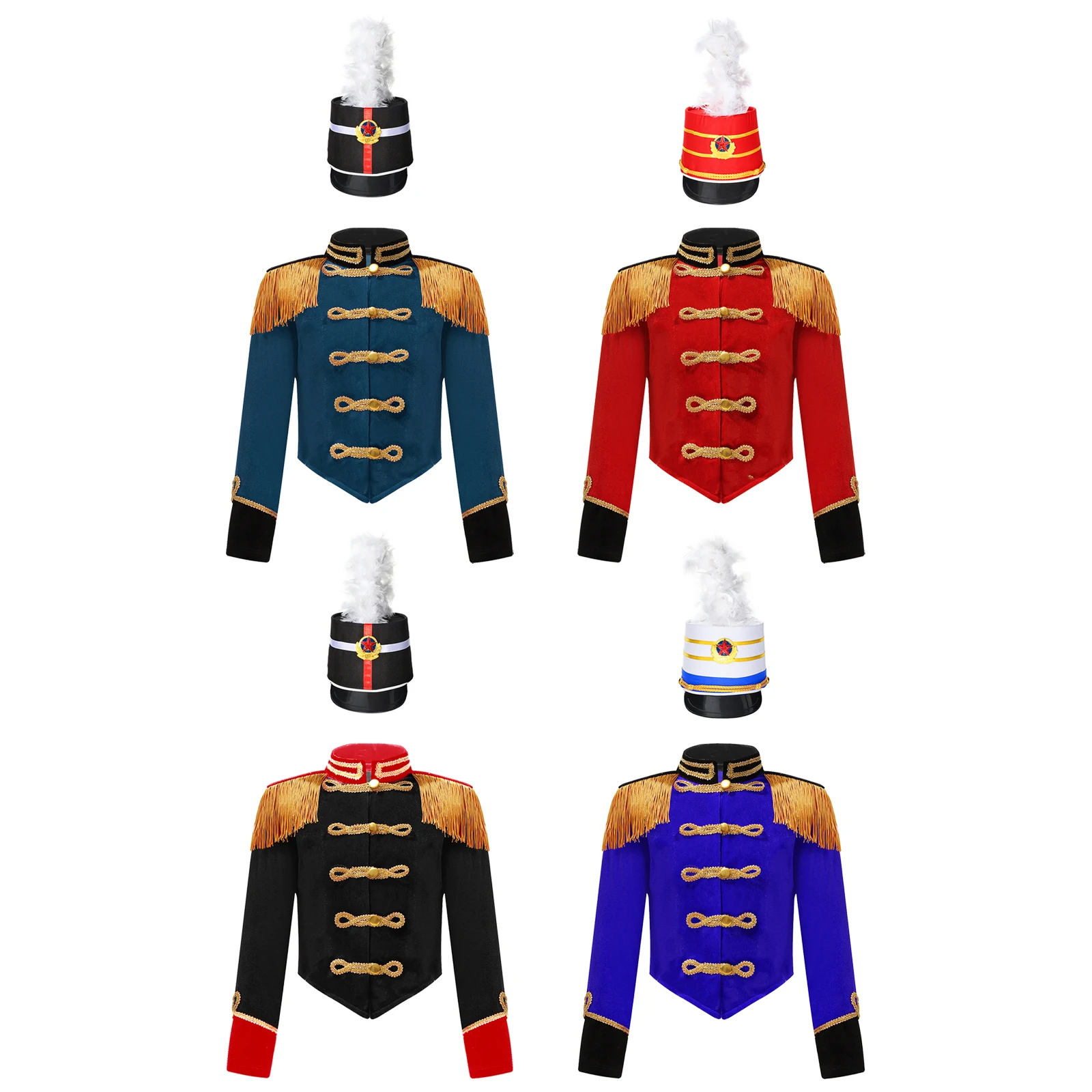 Kids Boys Girls Jacket with Hat Soldier Drum Trumpet Team Costume Long Sleeve Showman Tassel Jacket Halloween Circus Cosplay