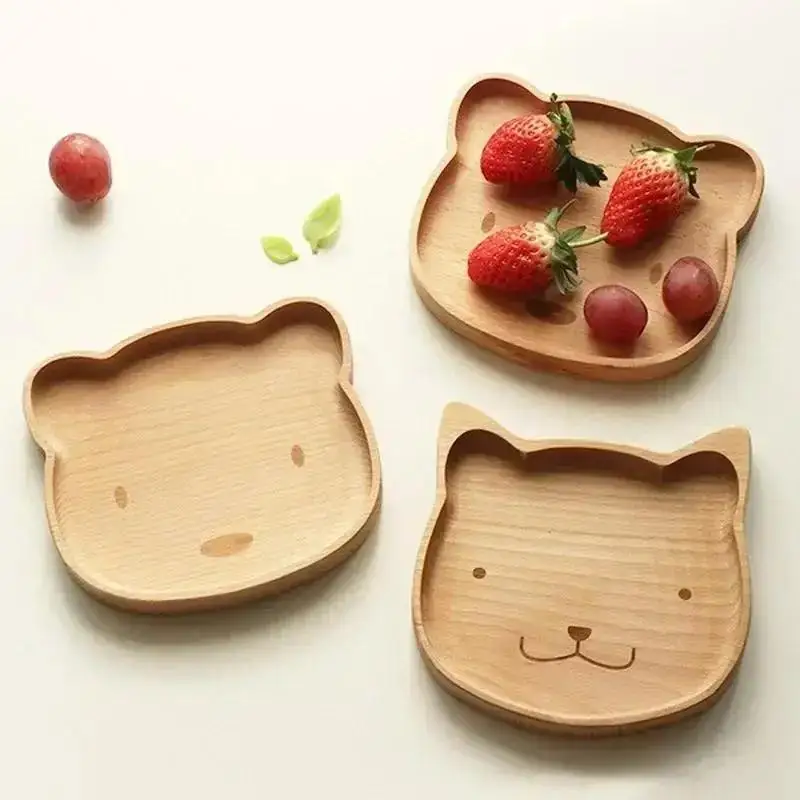 Cute Animal Shaped Wooden Plates Set Bear Cat Design Kids Tableware Natural Beech Wood Snack Plates for Cookies Fruits Daily Use