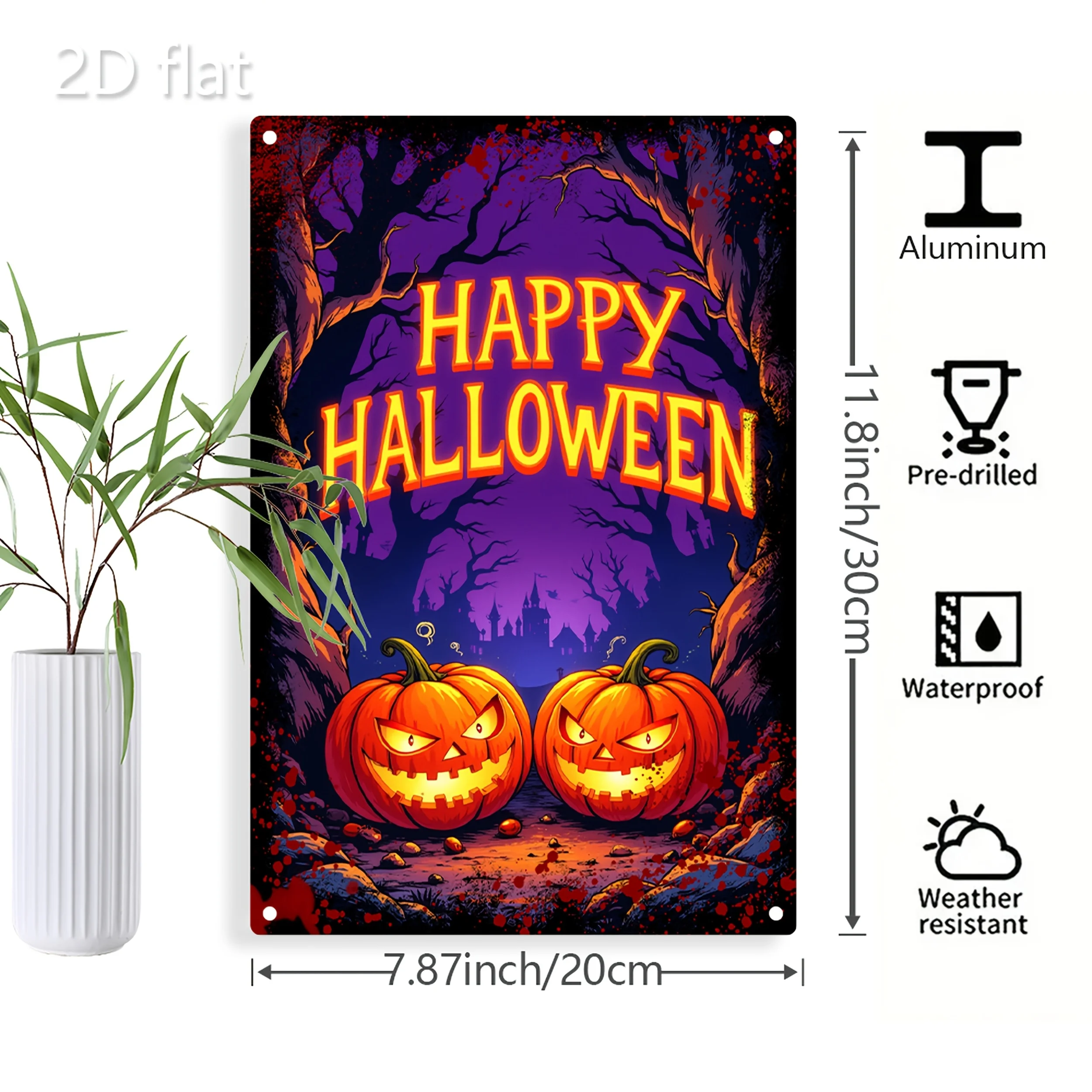 Heavy-Duty Aluminum Happy Halloween Sign with Glowing Jack-O-Lanterns & Lettering - Vibrant Purple Background Metal Wall Decor f
