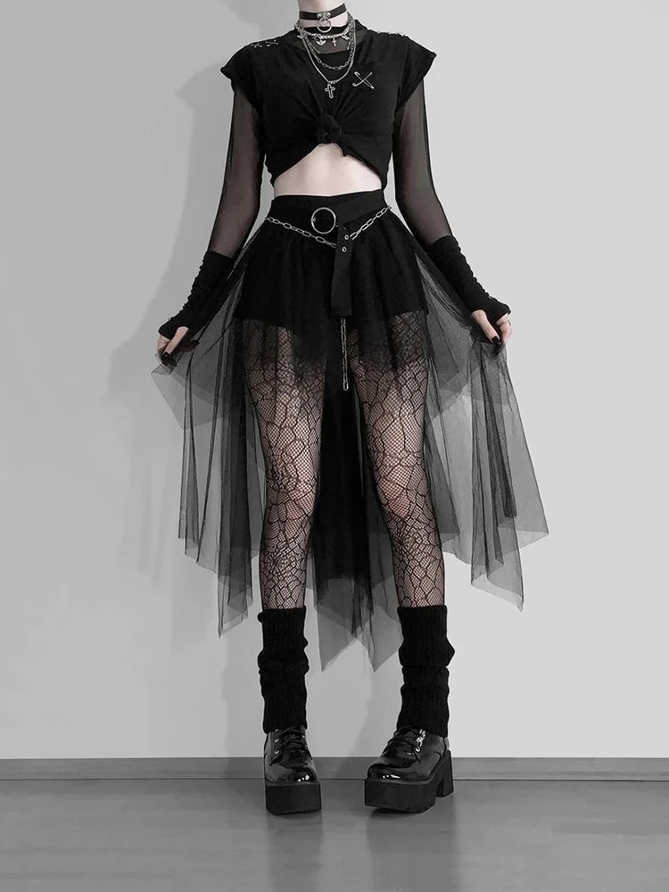 Halloween Wear gonna a rete irregolare a vita alta gotica scura gonna di garza stile Punk da donna