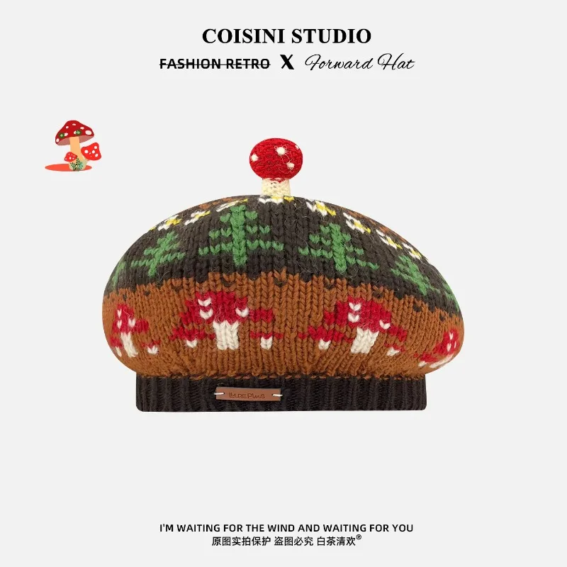 Cute Mushroom Jacquard Knitted Berets for Women Winter Warm Painter Cap 3D Mushroom Top Vintage Forest Pattern Novelty Y2K Hat
