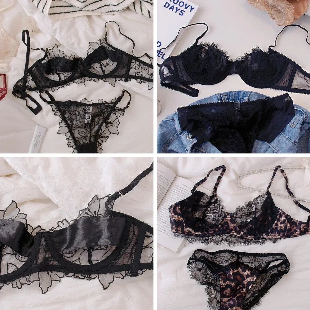 

Sexy Leopard Print Underwire Bra Set, Push Up Hollow Out Lace Bralette & Triangle Panty Women Lingerie