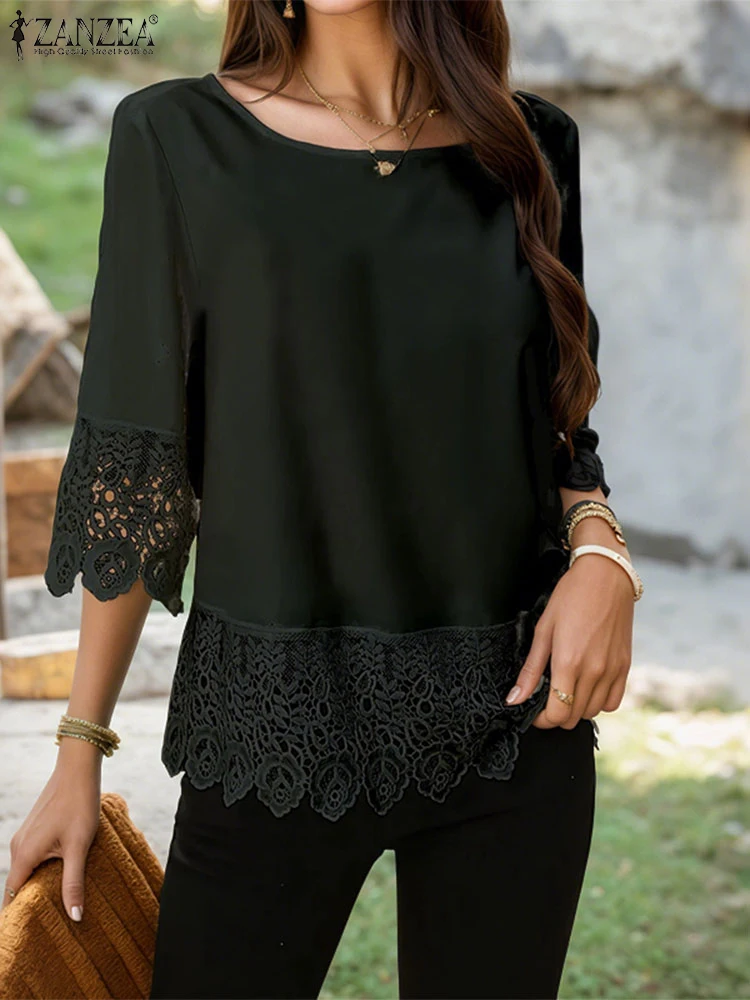 

Summer Tunic ZANZEA Women Fashion Blouses 2025 Casual Lace Patchwork Elegant Tops Solid Color 3/4 Sleeve O Neck OL Work Blusas