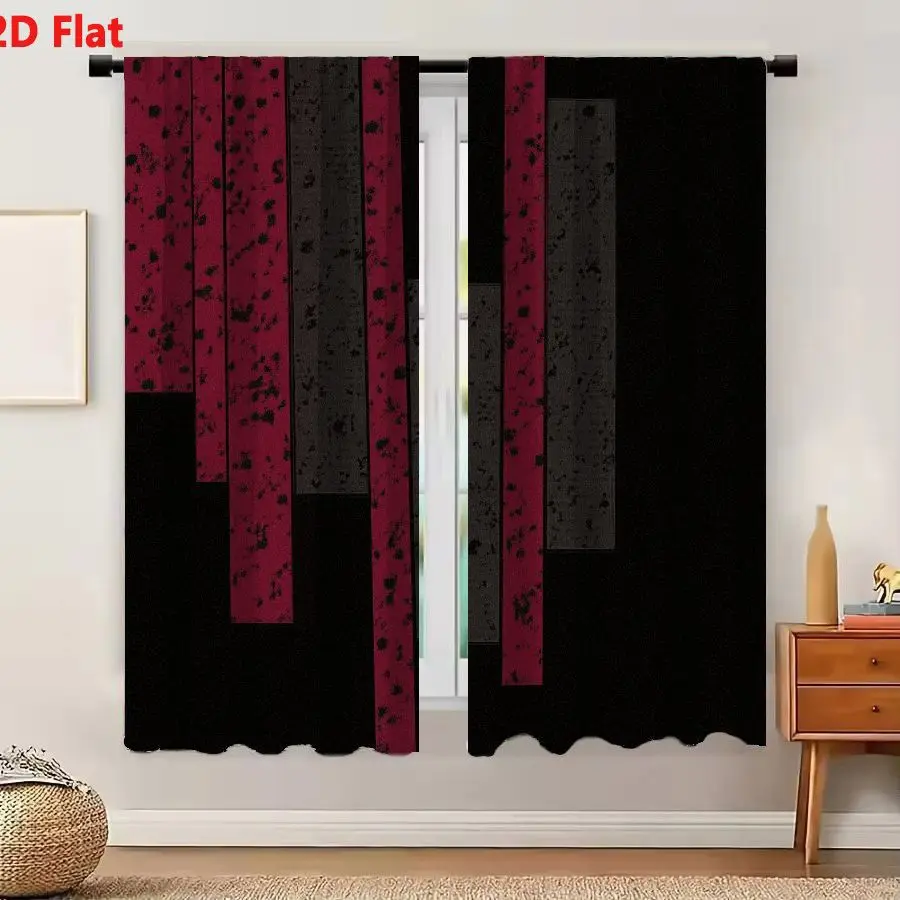2Pcs Curtains 2D Flat Abstract Composition With Six Vertical Maroon And Charcoal Bars On Black Background Featuring Speckled Tex