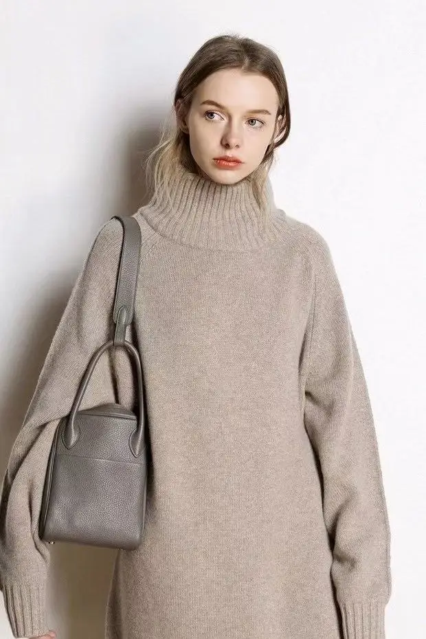 European goods turtleneck thickened 100%wool sweater women's autumn and winter medium and long sweater loose knitted bottom