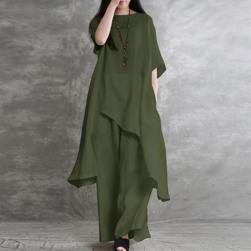 

Loose Casual Cotton Linen Two Piece Set Fashion Round Neck Irregular Half Sleeved Extended Top Elastic Waist Wide Leg Pants Set