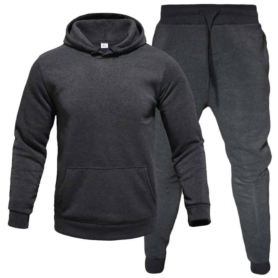 New Men\'s Suit Hoodie Sportswear Fashion Fleece Sweatshirt Two Piece Casual Long Sleeve Solid Color Hoodie Jogger Pants Set Top