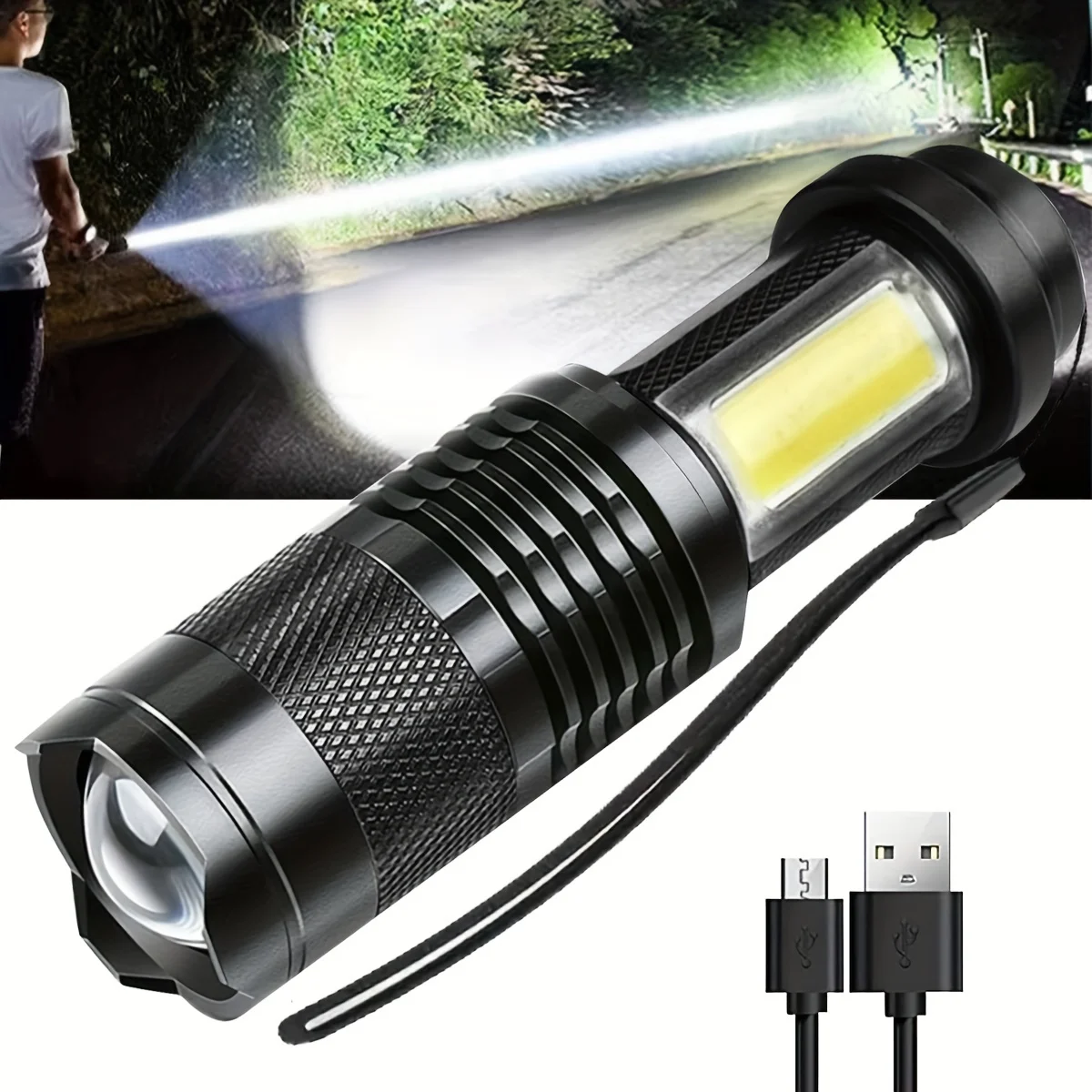 

Tactical LED High Power Flashlight Rechargeable Zoom Strong Waterproof Outdoor Torch Aluminum Alloy COB Side Lights 3 Modes