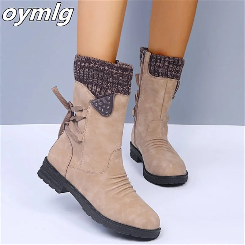 Bottes de neige mi-mollet en daim pour femmes, fermeture éclair rétro, chaussures chaudes, talons bas, mode hiver 2020