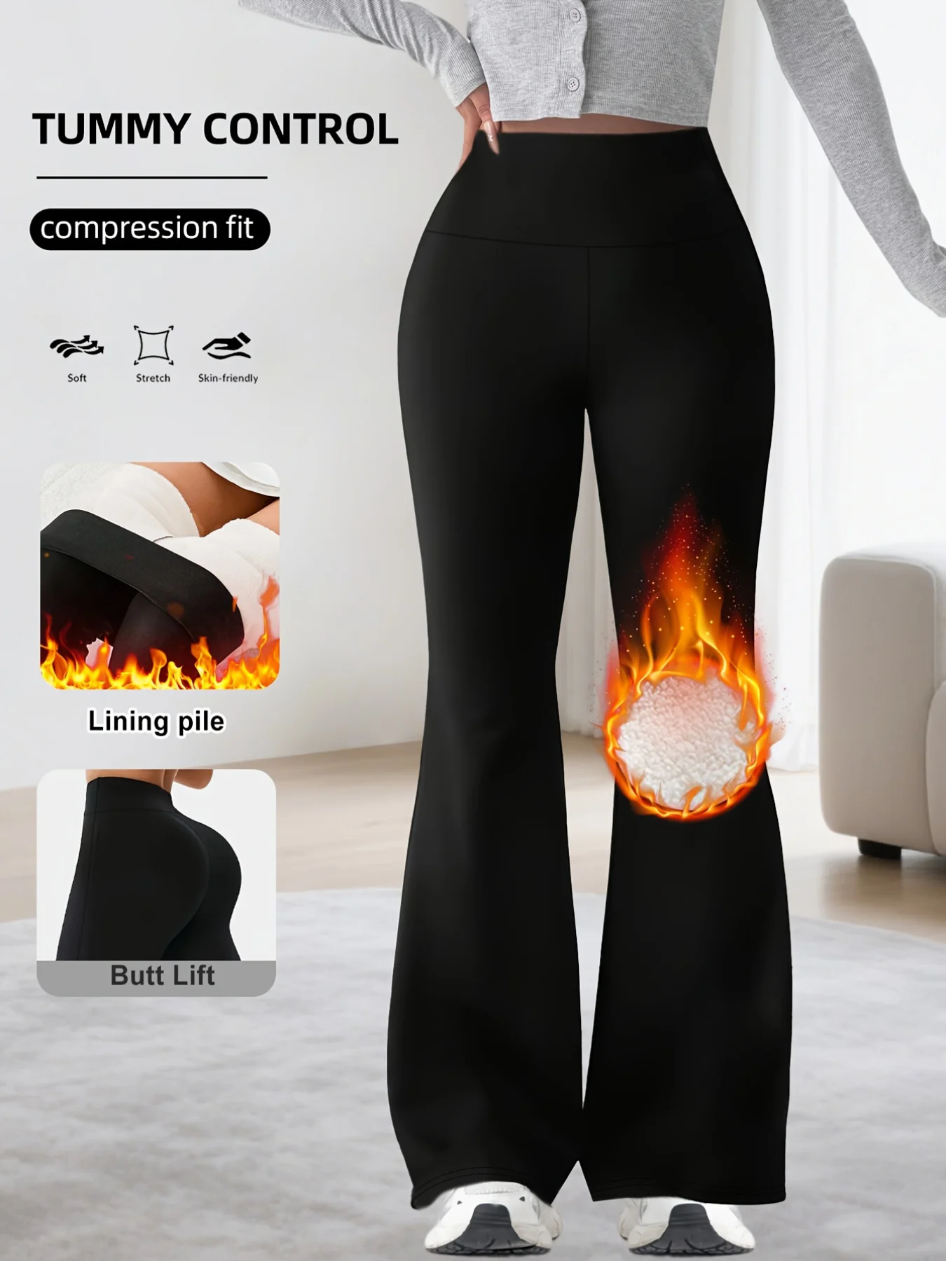 2026 Winter Hot Drops Black Women's High Waist Floor-Length Flare Pants Tummy Control Hip-Lifting Thermal Stretchy Slim Fit Ever