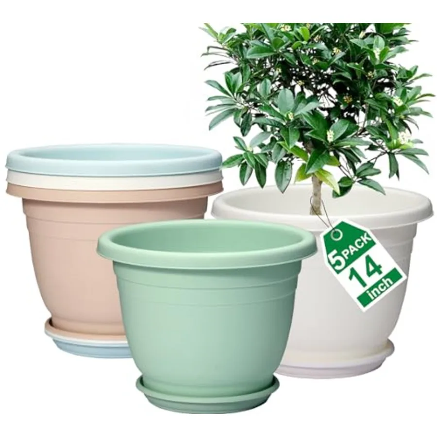 

Indoor outdoor use, plastic, colorful, 14 inch flower pots with drainage holes and saucers for optimal plant health